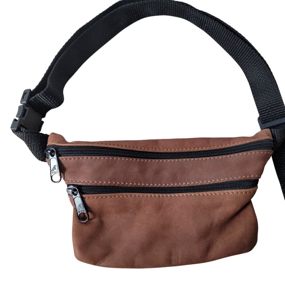 AmeriBag Vintage Brown Leather Fanny Pack Adj Black Strap & Dual Zipper Compartm - Picture 1 of 10